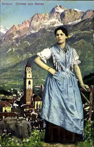 Ak Meran Merano Südtirol, Frau in Volkstracht, Stadtansicht