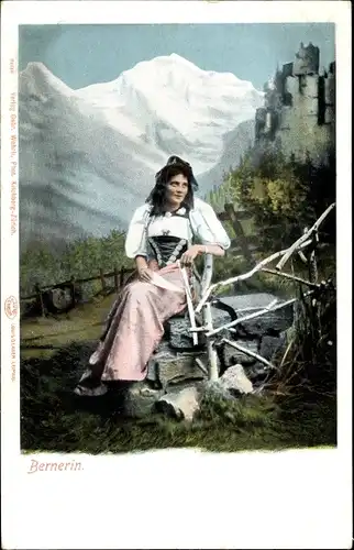 Ak Bern Schweiz, Junge Frau in Tracht vor einer Ruine