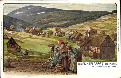 Künstler Ak Neudorf Sehmatal im Erzgebirge, Bäuerinnen auf dem Feld, Fichtelberg