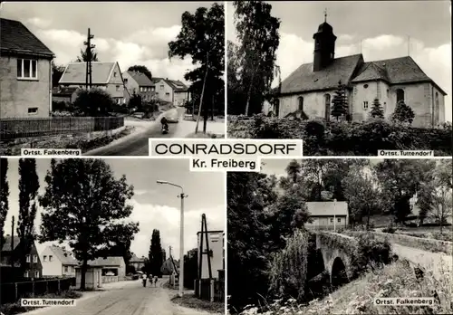 Ak Conradsdorf Halsbrücke in Sachsen, Ortsteil Falkenberg, Tuttendorf, Kirche, Straßenpartie, Brücke