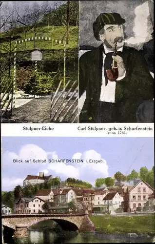 Ak Scharfenstein Drebach im Erzgebirge Sachsen, Blick aufs Schloss, Stülpner-Eiche, Carl Stülpner