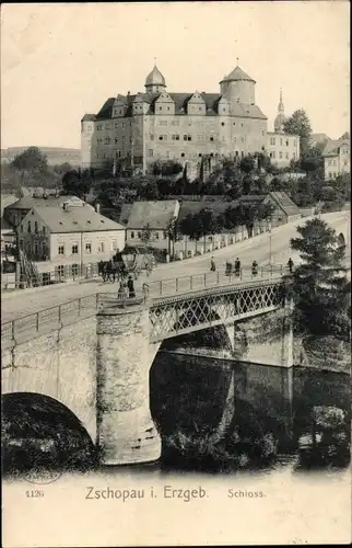 Ak Zschopau im Erzgebirge Sachsen, Schloss, Brücke, Kutsche