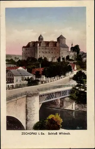 Ak Zschopau im Erzgebirge Sachsen, Schloss Wildeck, Brücke