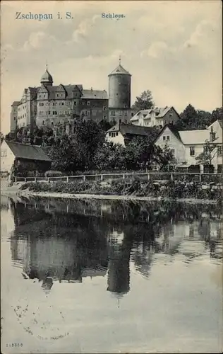 Ak Zschopau im Erzgebirge Sachsen, Schloss Wildeck vom Wasser aus