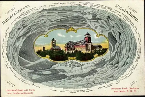 Ak Oberwiesenthal im Erzgebirge, Rundschau vom Fichtelberg, Unterkunftshaus, Turm, Landeswetterwarte