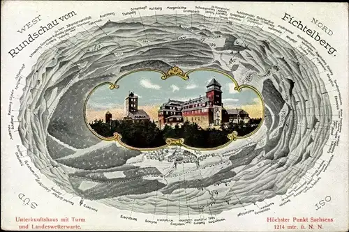 Ak Oberwiesenthal im Erzgebirge, Rundschau vom Fichtelberg, Unterkunftshaus, Turm, Landeswetterwarte