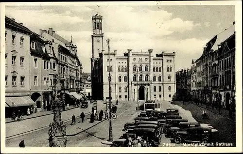 Ak Zittau in der Oberlausitz, Marktplatz mit Rathaus, Parkplatz
