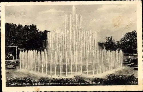 Ak Karl Marx Stadt Chemnitz in Sachsen, Leuchtspringbrunnen in den Anlagen am Schlossteich