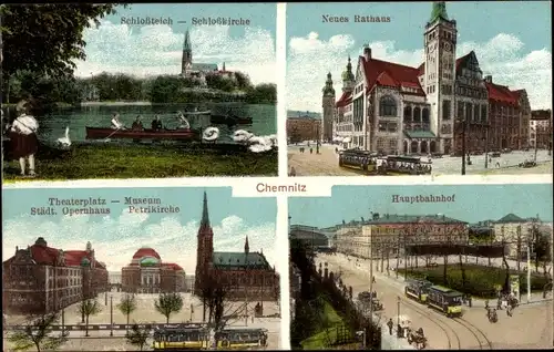 Ak Chemnitz Sachsen, Schlossteich, Schlosskirche, Neues Rathaus, Theaterplatz, Museum, Petrikirche