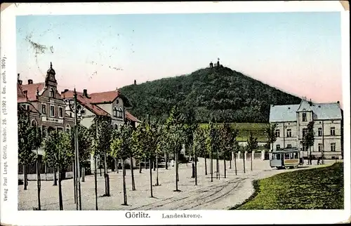 Ak Görlitz in der Lausitz, Landeskrone, Straßenbahn