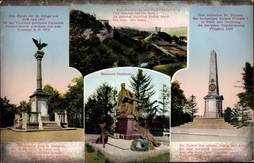 Ak Saaleck Bad Kösen Naumburg an der Saale, Rudelsburg, Bismarck Denkmal, Kriegerdenkmal