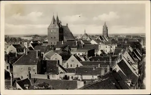 Ak Delitzsch in Nordsachsen, Blick über die Dächer der Stadt, Kirche