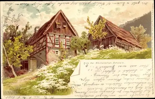 Künstler Litho Nöther, Adolf, Aus der Sächsischen Schweiz, Bauernhäuser, Meissner & Buch