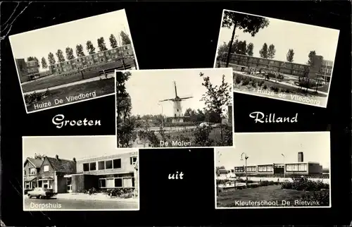 Ak Rilland Reimerswaal Zeeland Niederlande, Molen, Dorpshuis, Kleuterschool De Rietvink