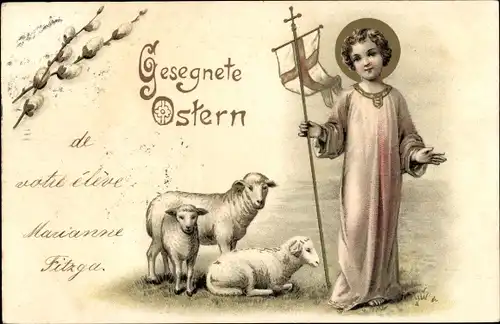 Litho Glückwunsch Ostern, Lämmer, Weidenkätzchen, Kind
