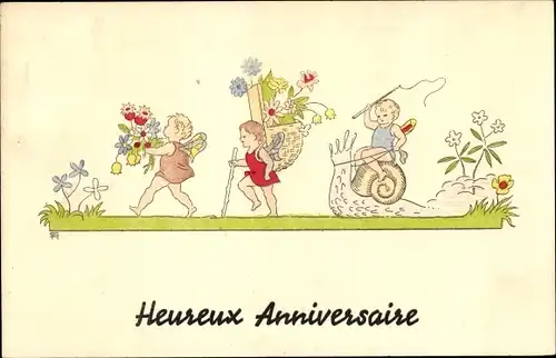 Ak Glückwunsch, Heureux Anniversaire, Kinder, Blumen, Schnecke