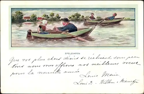 Ak Kinder beim Rudern, Niederländische Trachten, Spelevaren