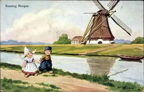 Künstler Ak Hoffmann, Ad., Kinder in niederländischen Trachten, Fluss, Windmühle