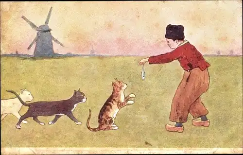 Ak Pepose, Mann in holländischer Tracht füttert Katzenjungen, BKWI 648 6