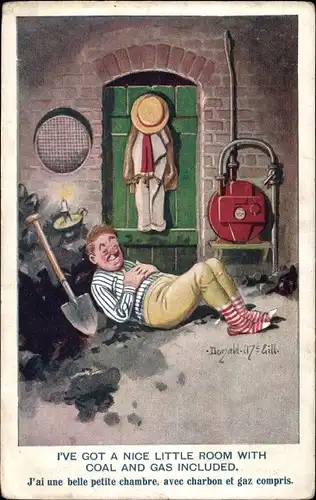 Künstler Ak McGill, D., Schlafender Köhler, Schaufel, I've got a nice little room with coal and gas