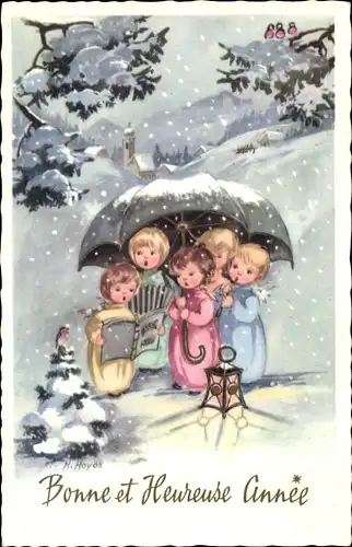 Ak Glückwunsch Neujahr, Singende Kinder unter einem Schirm, Handlaterne