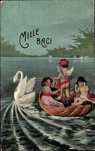 Ak Mille Baci, Kinder im Ruderboot, Schwan, Engel