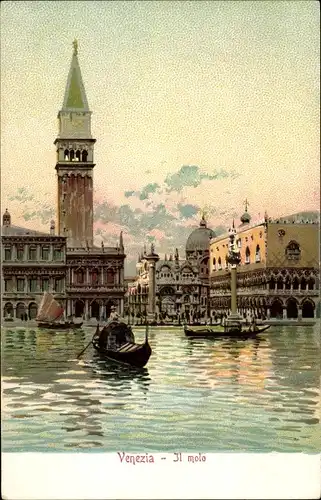 Litho Venezia Venedig Veneto, Il molo, Gondel