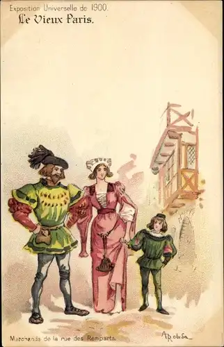 Künstler Litho Robida, A., Paris, Exposition Universelle de 1900, Marchands de la rue des Remparts