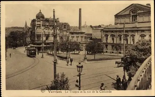 Ak Verviers Wallonien Lüttich, Le Theatre et la rue de la Concorde, Straßenbahn