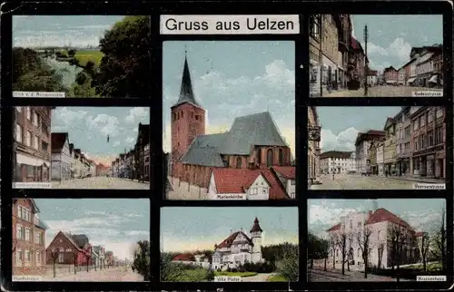 Ak Uelzen in Niedersachsen, Marienkirche, Krankenhaus, Villa, Straßenansichten