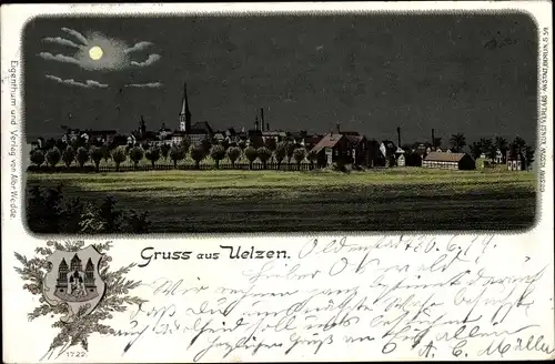 Mondschein Litho Uelzen in Niedersachsen, Panorama bei Nacht, Wappen