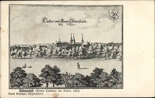 Ak Oldenstadt Uelzen in Niedersachsen, Kloster im Jahre 1654, Kupferstich