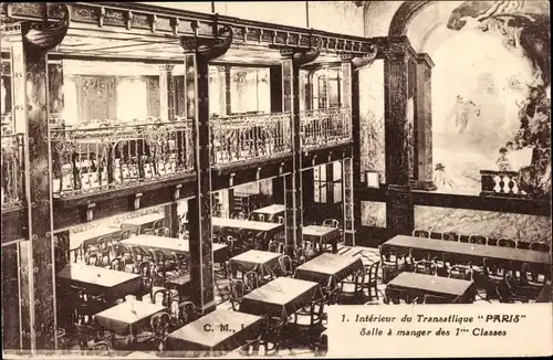 Ak Paquebot Paris, CGT French Line, Transatlantique, Salle à manger des 1res Classes