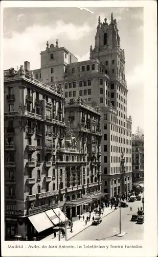 Ak Madrid Spanien, Avda. de Jose Antonio, la Telefonica y Teatro Fontalba
