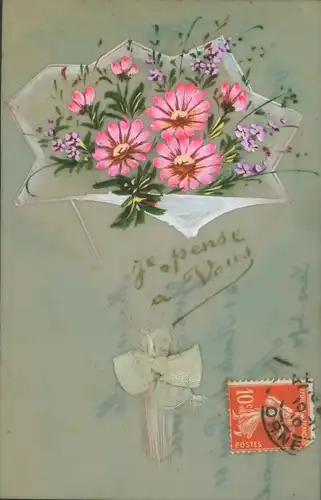 Zelluloid Ak Stoffschleife, Blumen