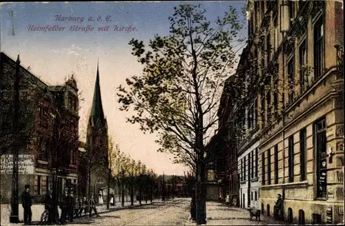 Ak Hamburg Harburg, Heimfelder Straße mit Kirche