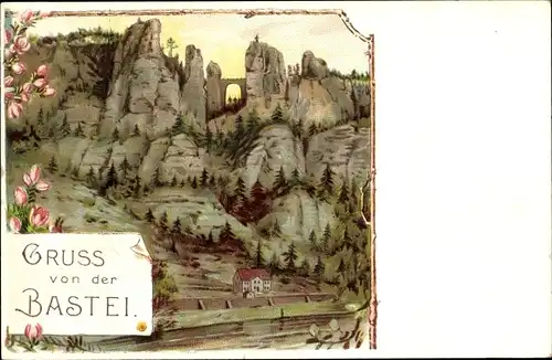 Litho Lohmen im Elbsandsteingebirge, Gruss von der Bastei, Ruine