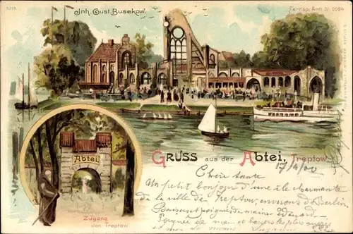 Litho Berlin Treptow, Abtei Treptow, Gust. Busekow, Eingang, Segelboot