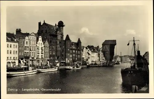 Ak Gdańsk Danzig, Langebrücke, Gesamtansicht, Krantor, Sternwarte, Mottlau