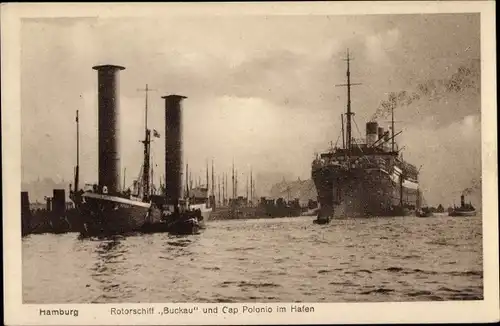 Ak Hamburg, Rotorschiff Buckau und Dampfer Cap Polonio, HSDG