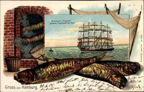Litho Gruß aus Hamburg, Fünfmaster Preußen, Segelschiff, geräucherte Fische