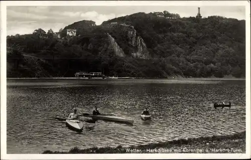 Ak Wetter an der Ruhr in Westfalen, Harkortsee mit Ehrenmal und Harkort-Turm