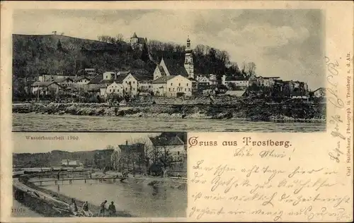 Ak Trostberg in Oberbayern, Wasserbauarbeit 1900, Blick auf den Ort