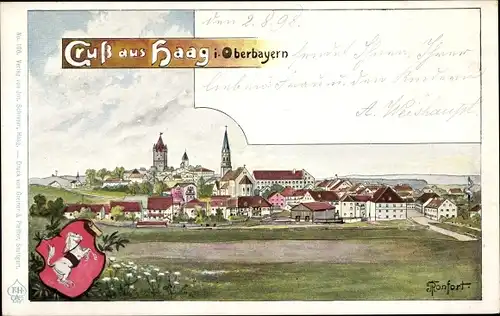 Künstler Ak Ronfort, Haag in Oberbayern, Blick auf den Ort, Stadtwappen