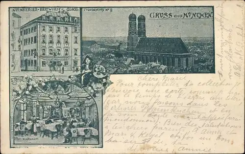 Ak München Bayern, Nürnberger Bratwurst Glöckl, Innenansicht, Frauenplatz 9, Frauenkirche
