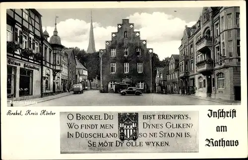 Ak Brakel in Westfalen, Rathaus, Inschrift