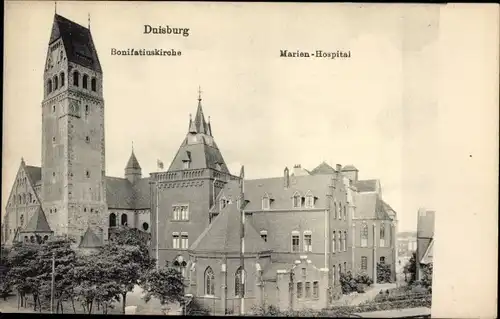 Ak Duisburg im Ruhrgebiet, Bonifatiuskirche, Marien Hospital
