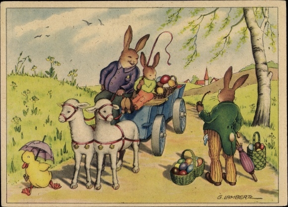 Künstler Ak Lambert, G., Osterhasen, Fuhrwerk, Lämmer, Ostereier, Ente ...