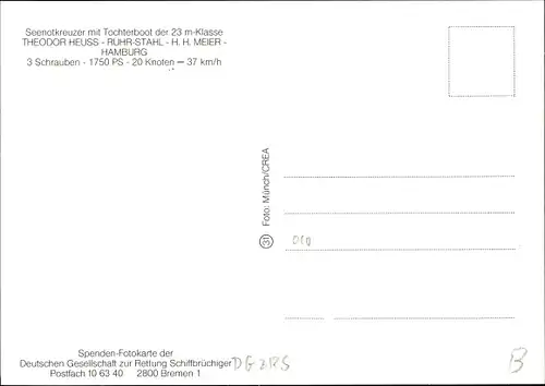 Ak Seenotkreuzer mit Tochterboot der 23m-Klasse, Theodor Heuss, Ruhr-Stahl, H. H. Meier, DGzRS