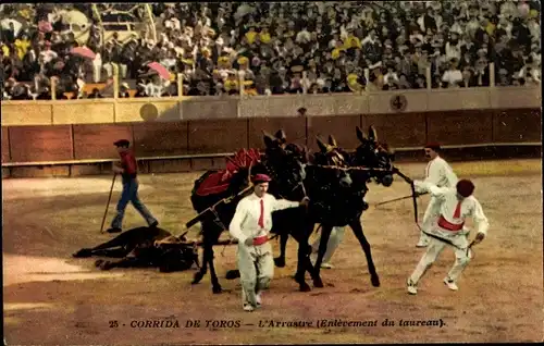 Ak Spanien, Corrida de Toros, L'Arrastre, Enlèvement du taureau